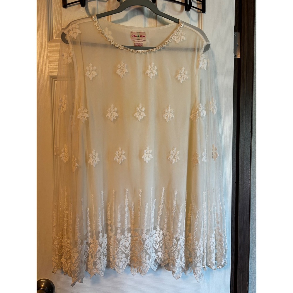 Toffee Apple Cream Embroidered Mesh Lace Pearl Blouse XXL Cottagecore Romantic